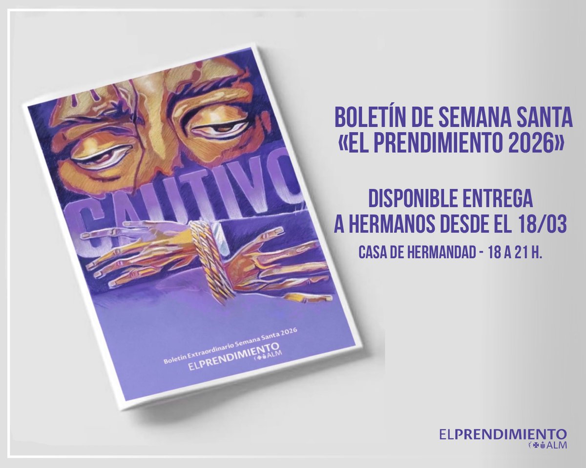 📘 Como cada año, llega el Boletín Extraordinario de Semana Santa #elPrendimiento26, este año con la autoría en la portada de Francisco Rovira (Taller Daroal).

ℹ️ Disponible para entrega a los hermanos desde mañana, día 18 de marzo en la Casa de Hermandad, de 18 a 21 h.
