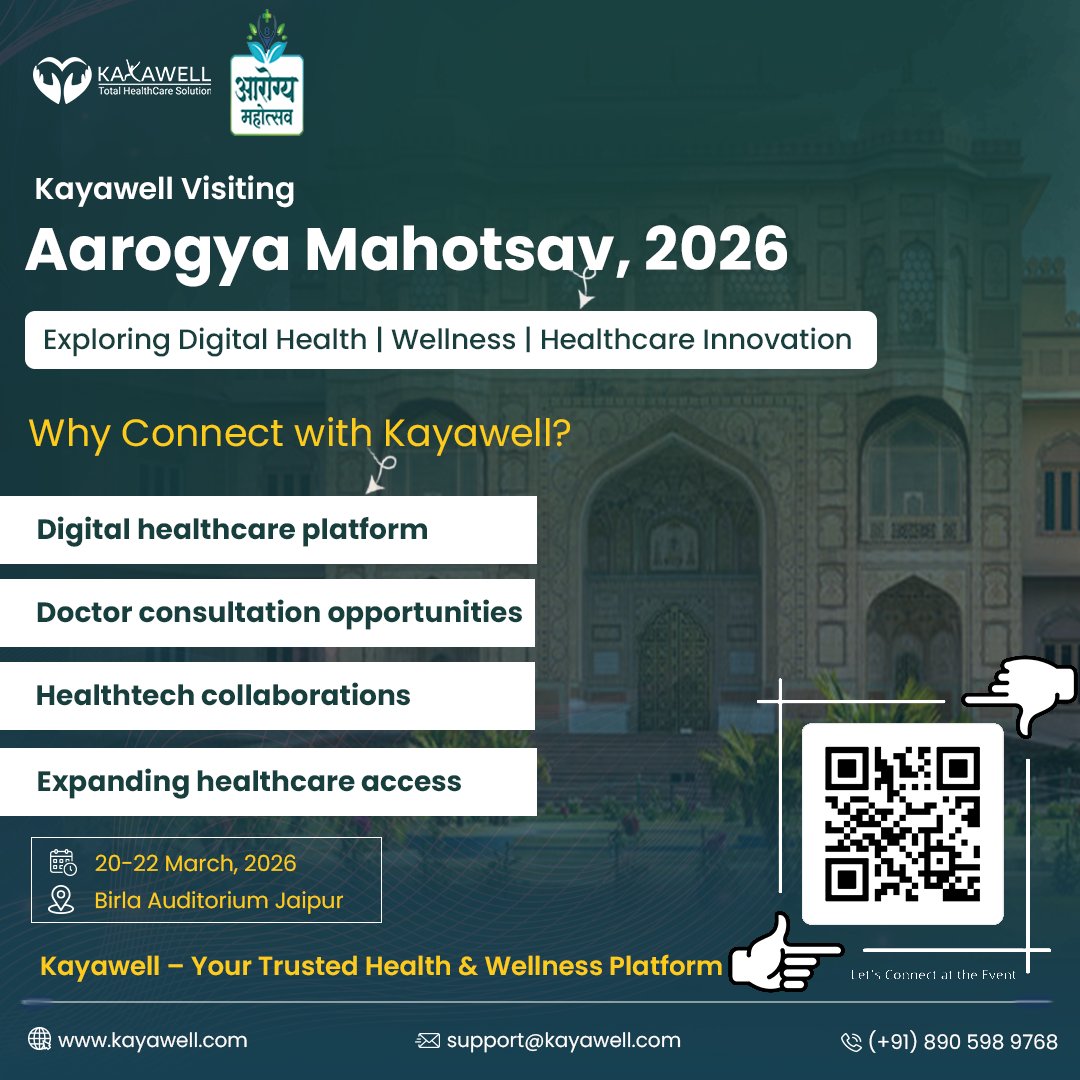 KayaWellHealth's tweet photo. Kayawell is excited to be part of Aarogya Mahotsav 2026 in Jaipur.

If you’re attending, let’s connect and explore opportunities to collaborate and improve healthcare access.

#AarogyaMahotsav #DigitalHealth #HealthTech #HealthcareInnovation #Kayawell #Jaipur https://t.co/InG7OeqZ2q