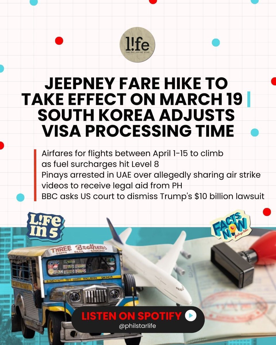 philstarlife's tweet photo. From a jeepney fare hike starting March 19 to higher airfares in early April, today’s headlines are hitting both commuters and travelers.

🎧 Listen to #Lifein5 on Spotify: https://t.co/tWnE0XUKbt https://t.co/IWepTxua0U