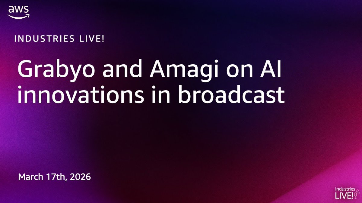 Grabyo's tweet image. Don’t miss Grabyo CEO Gareth Capon live on AWS Industries LIVE! Discover the future of broadcast, sports &amp;amp; AI-powered production. 

🎥 Watch on YouTube: eu1.hubs.ly/H0sJgmC0 
🎮 Watch live on Twitch: eu1.hubs.ly/H0sJjJ20
#AWSPartners #LiveStreaming #Broadcast #AI #Grabyo