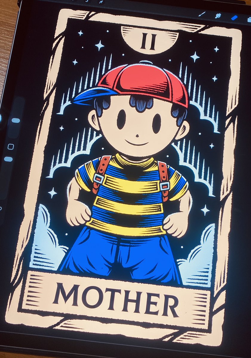I’ve been working on a new t-shirt design inspired by Ness from Earthbound (Mother 2) video game in tarot card art style. If you like it, you can grab the design as t-shirt in my shop:

alundrart.com/products/ness-…

#earthbound #mother2 #ness #snes #snesgames