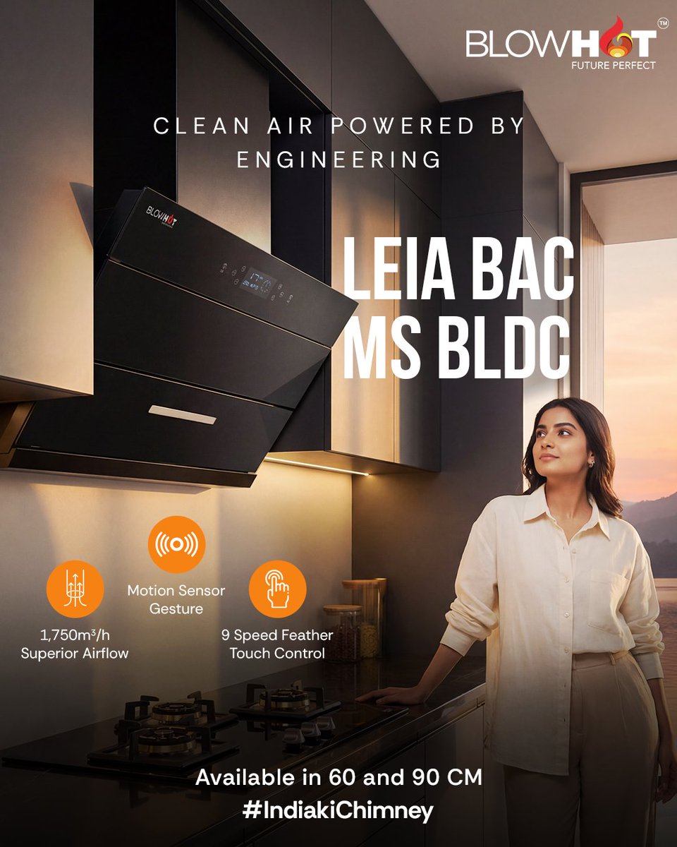 Indiablowhot's tweet photo. Enjoy effortless operation and powerful performance every day 🍳💯
The LEIA BAC MS BLDC Chimney
✨ Delivers 1,750 m³/h airflow
✨ Motion Sensor Gesture control
✨ 9-speed feather touch
Available in 60 and 90 cm. 🏡
#Blowhot #LEIABACMS #IndiakiChimney #SmokeFreeKitchen https://t.co/cN2jAJ1tA2