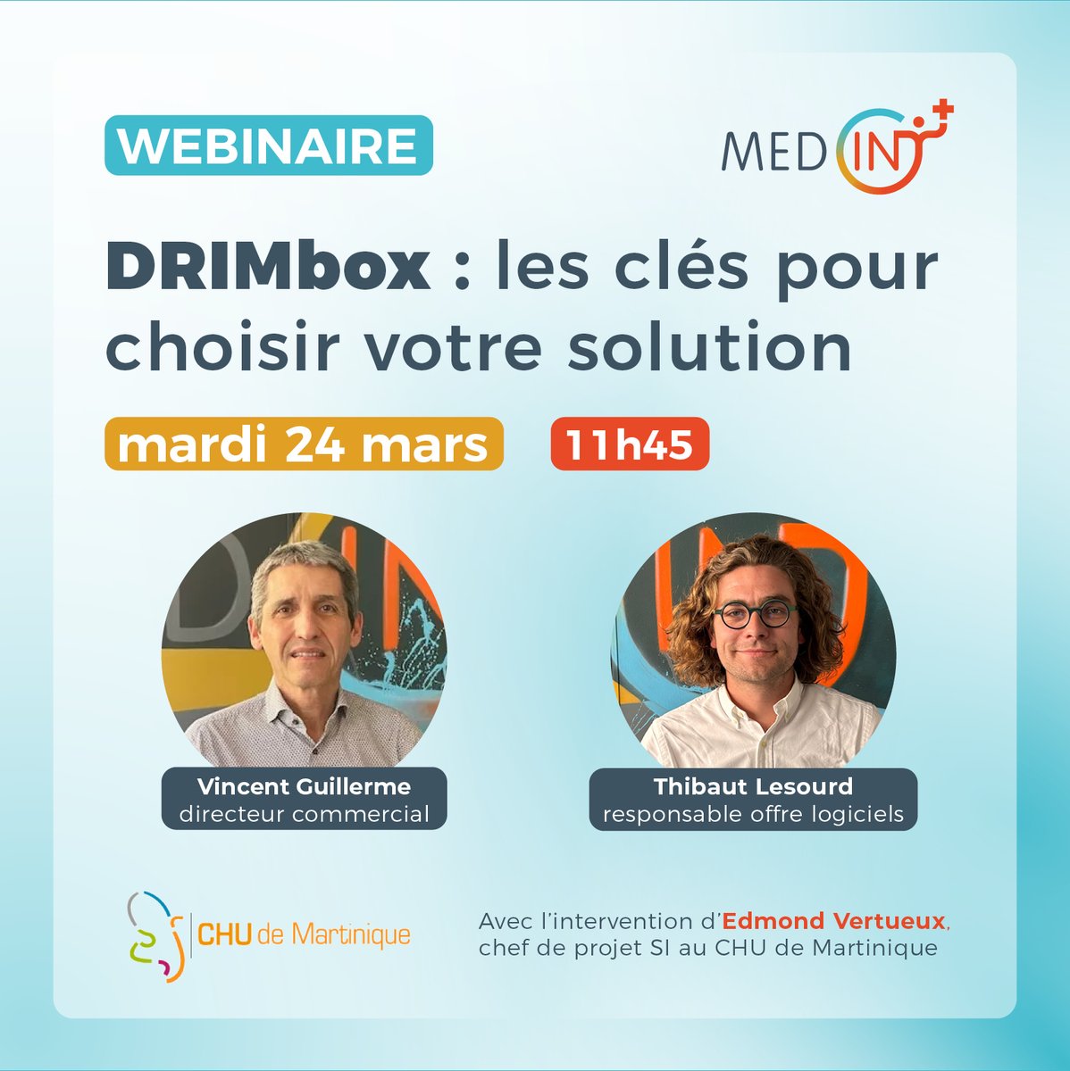 MEDINPLUS's tweet image. 🚨 Choisir sa solution #DRIMbox : interopérabilité, intégration au SIH, accompagnement, pérennité… comment faire le bon choix ?

🎙️ Webinaire avec Edmond Vertueux, chef de projet SI au CHU de Martinique, qui partagera les critères ayant guidé le choix de la solution DRIMbox’IN.
