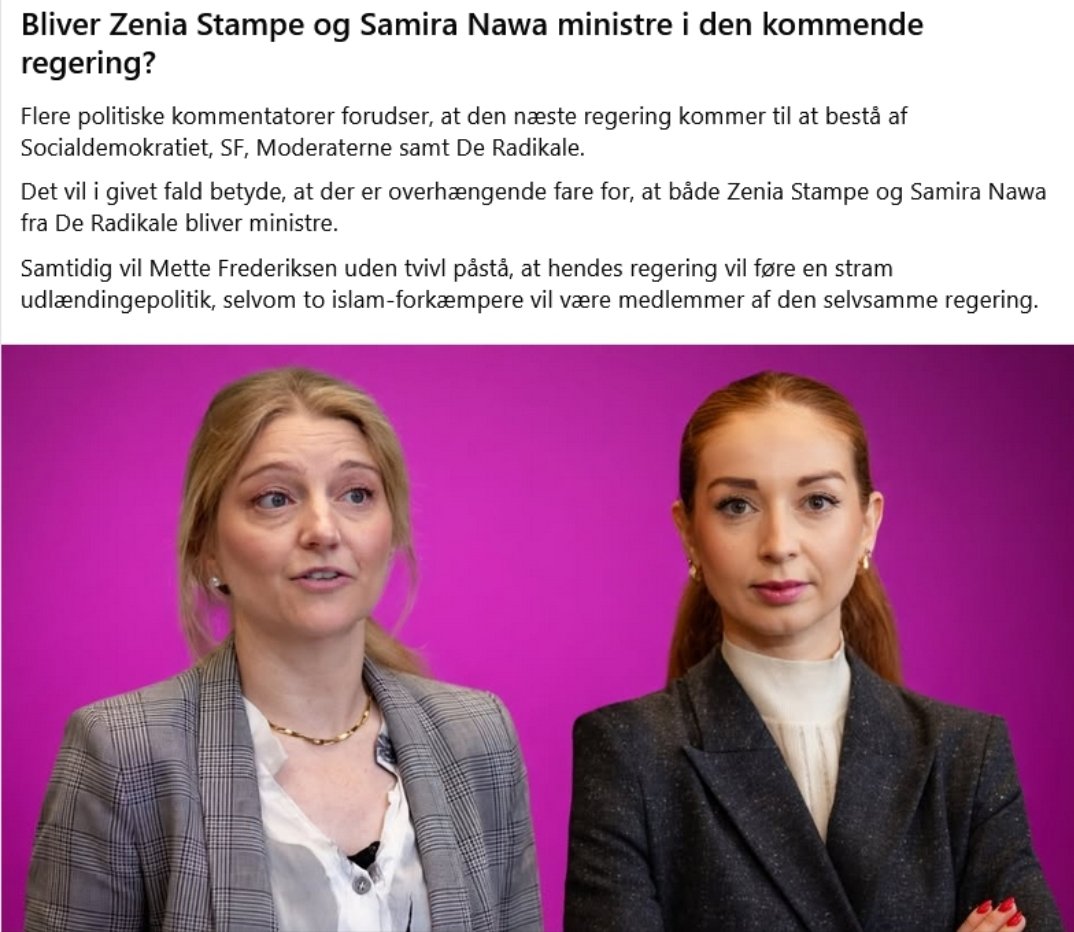 Martiniqueping1's tweet photo. 📢Hvis Radikale dikterer næste regering, får vi den største migrationsbølge nogensinde.
Stampe & Nawa som ministre = åbne grænser, pas uden krav, islam forkælet😱
Mette sælger ud af Danmark for magten☝️
Nej tak! Stem imod vanviddet🗳
#StopMigration #dkpol #fv26 https://t.co/ygGxESrePm