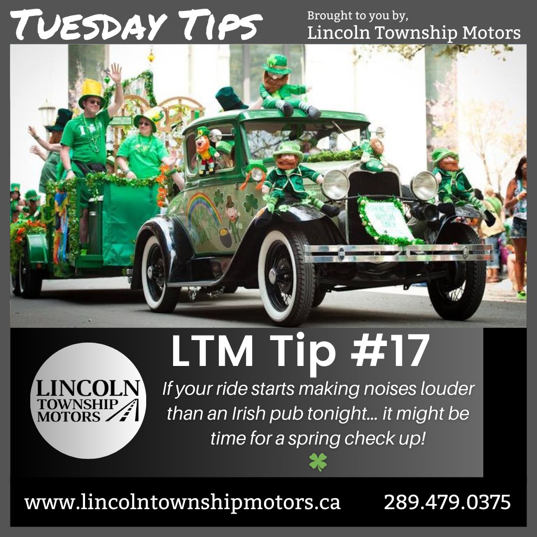 LTM Tip #17 - If your ride starts making noises louder than an Irish pub tonight… it might be time for a spring check up! 🍀

Book your service appointment today! 
📞 289-479-0375

Book online > lincolntownshipmotors.ca/service-schedu…

#stpatricksday #beamsville #hamont #cartips