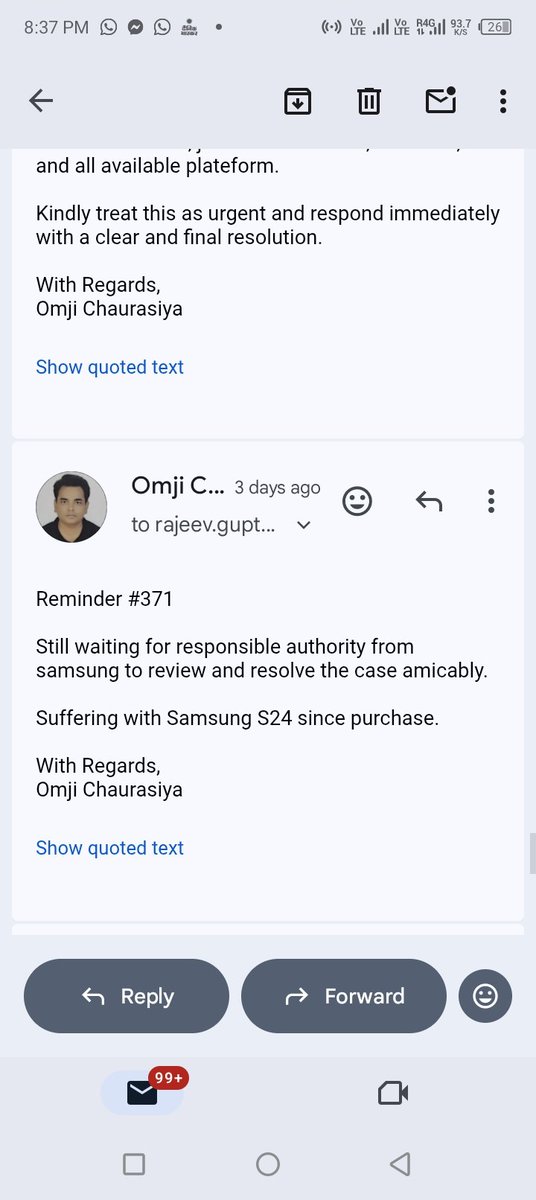 AliveOm's tweet photo. No response by even Samsung Senior director Consumer services on the issue reported. Keeping mum is not the way to handle customer. Pathetic response by him and his team. @SamsungIndia @SamsungMobile #Patheticresponse #poorservicesupport #worstmobile #Defectivedesignproduct https://t.co/La4fKYWyRA