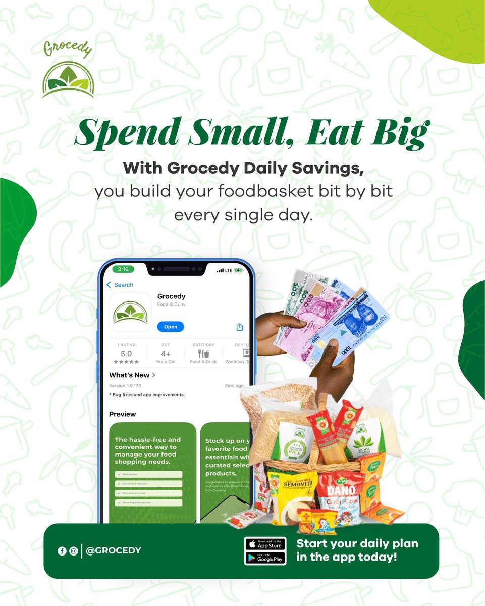 We’ve made grocery shopping hassle-free and affordable.🙂‍↕️

Secure your household essentials one day at a time.
Your full food basket is just a few taps away.

Download the grocedy app now! 🔗

#SmartSavings #FoodSecurity #DailySavings #SpendSmallEatBig #Grocedy