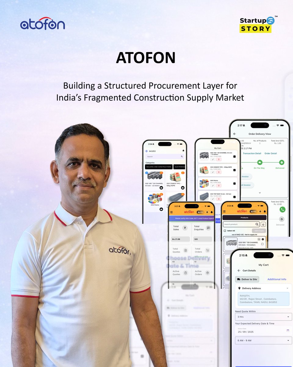 startupstorym's tweet photo. After 27 years in trade, Satheeshkumar Kailasam is building #ATOFON - a structured, privacy-first B2B marketplace for construction procurement.
Not disrupting. Just organizing.
Read ๐
https://t.co/l0sMwkLfQF
#StartupIndia #B2B #Construction https://t.co/H8VB0NqbXw