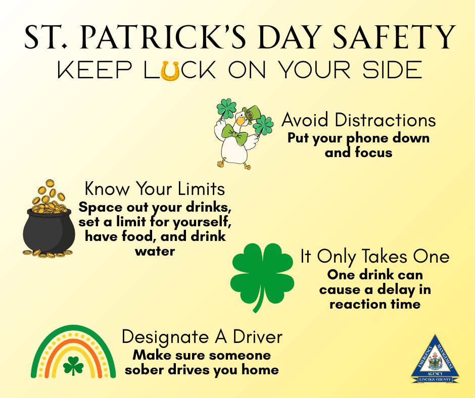 St. Patrick's Day is here! If you're choosing to celebrate, celebrate responsibly by not drinking and driving. Make sure you have a sober driver with you, or someone you can call, if you do go out!

#LNEMA #StPatricksDay