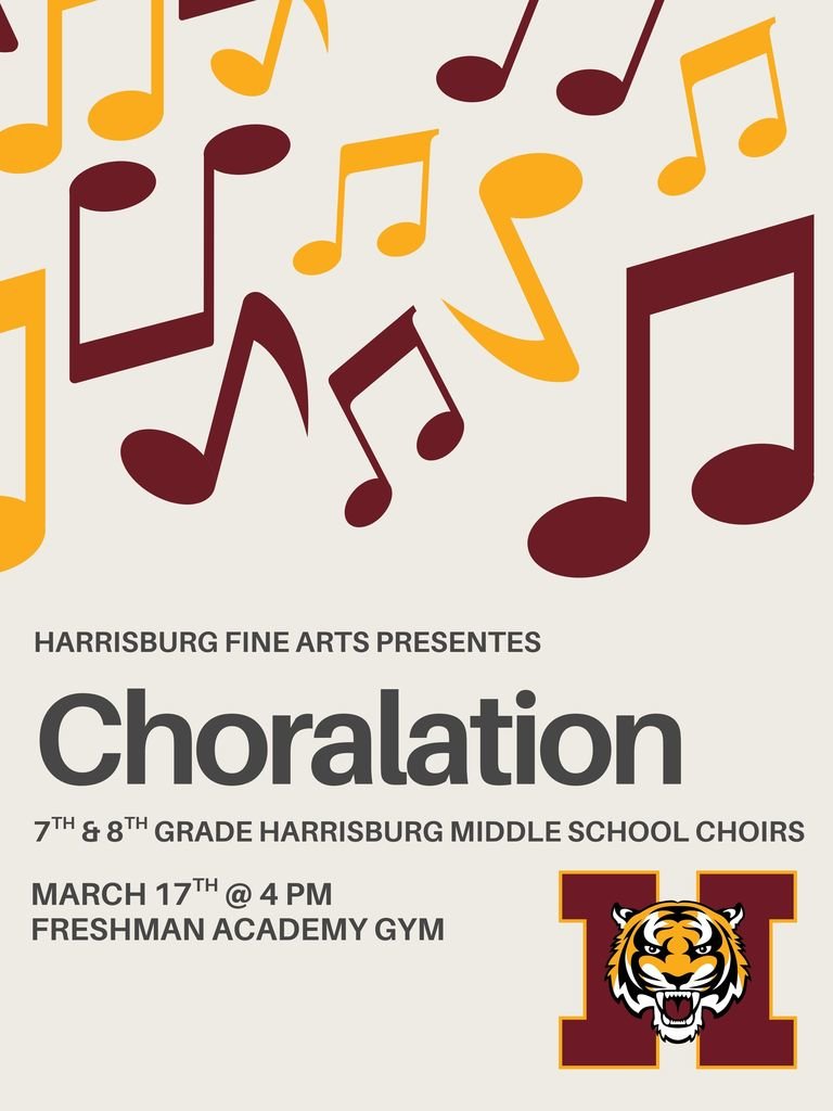 HSMSTigers's tweet photo. 🎵 Chorolation is today! 🎵
🕓 4 PM | 📍 Freshman Academy
Hear the combined voices of 7th &amp; 8th grade choirs from all Harrisburg middle schools in one powerful performance! https://t.co/mw6YL9t3Mm