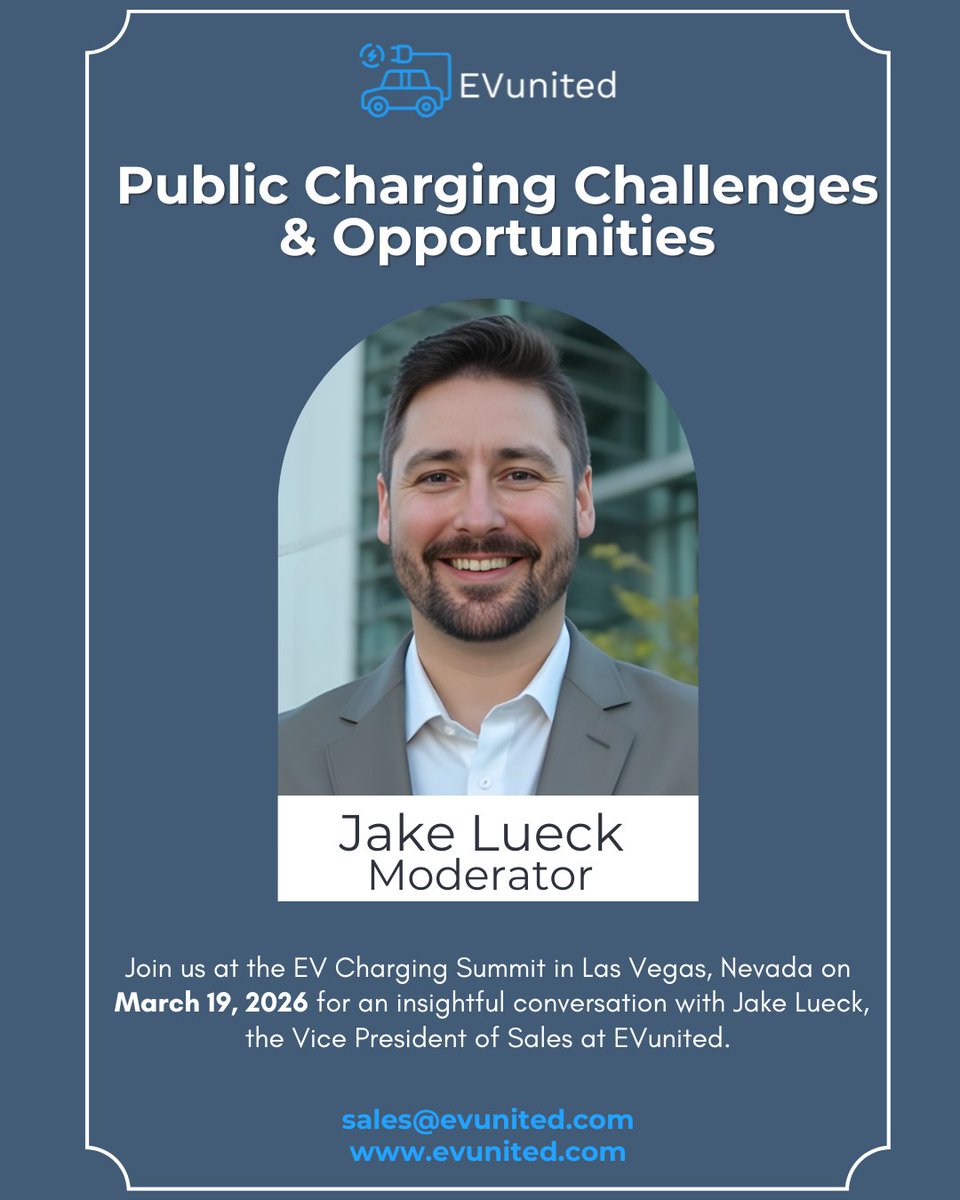 Don’t miss Jake Lueck, VP of Sales, moderating Public Charging Challenges and Opportunities on March 19, 11:55 AM – 12:40 PM at the EV Charging Summit! Stop by Booth #1804 or email sales@EVunited.com for more info. #EVLeadership #EVSummit #EVunited