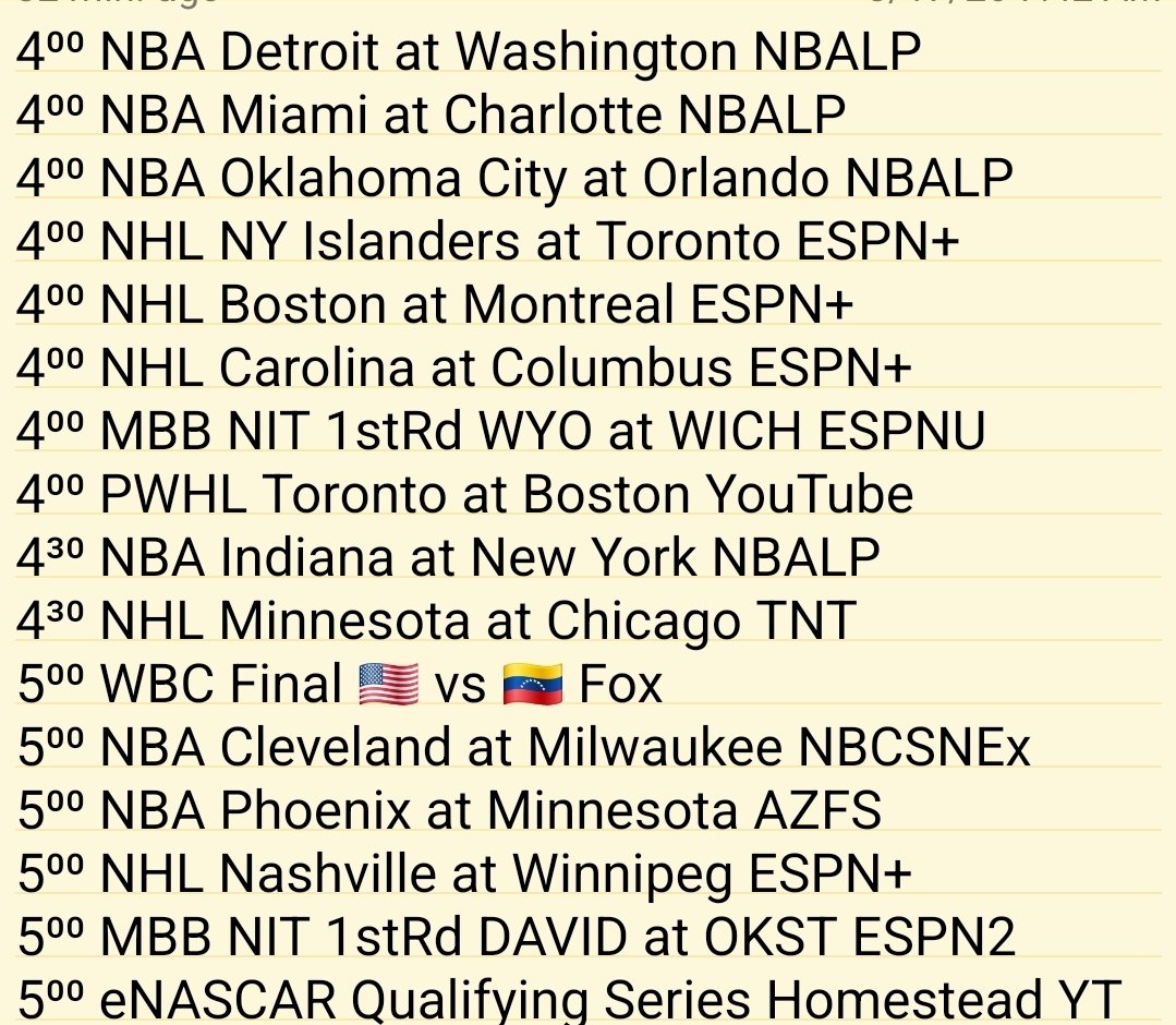 ejkaboom's tweet photo. Today's Sports Schedule 
All times Pacific 

#MLB #NBA #NHL #MarchMadness #FirstFour #TGL #WBC #NIT #NCAA #CollegeBaseball https://t.co/uO1KSzsvEs