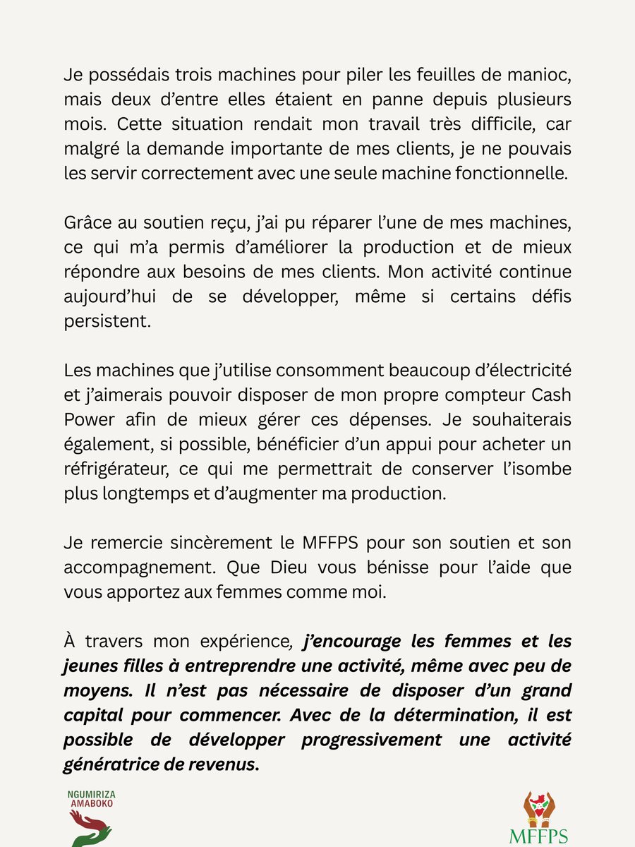 Burundi_mffps's tweet photo. À travers le projet Ngumiriza Amaboko, le #MFFPS met à l’honneur des femmes qui construisent leur autonomie et transforment leur avenir.
Pour ce neuvième portrait, nous vous présentons Jeanne d’Arc Nkurunziza.
#GiveToGain
#NgumirizaAmaboko