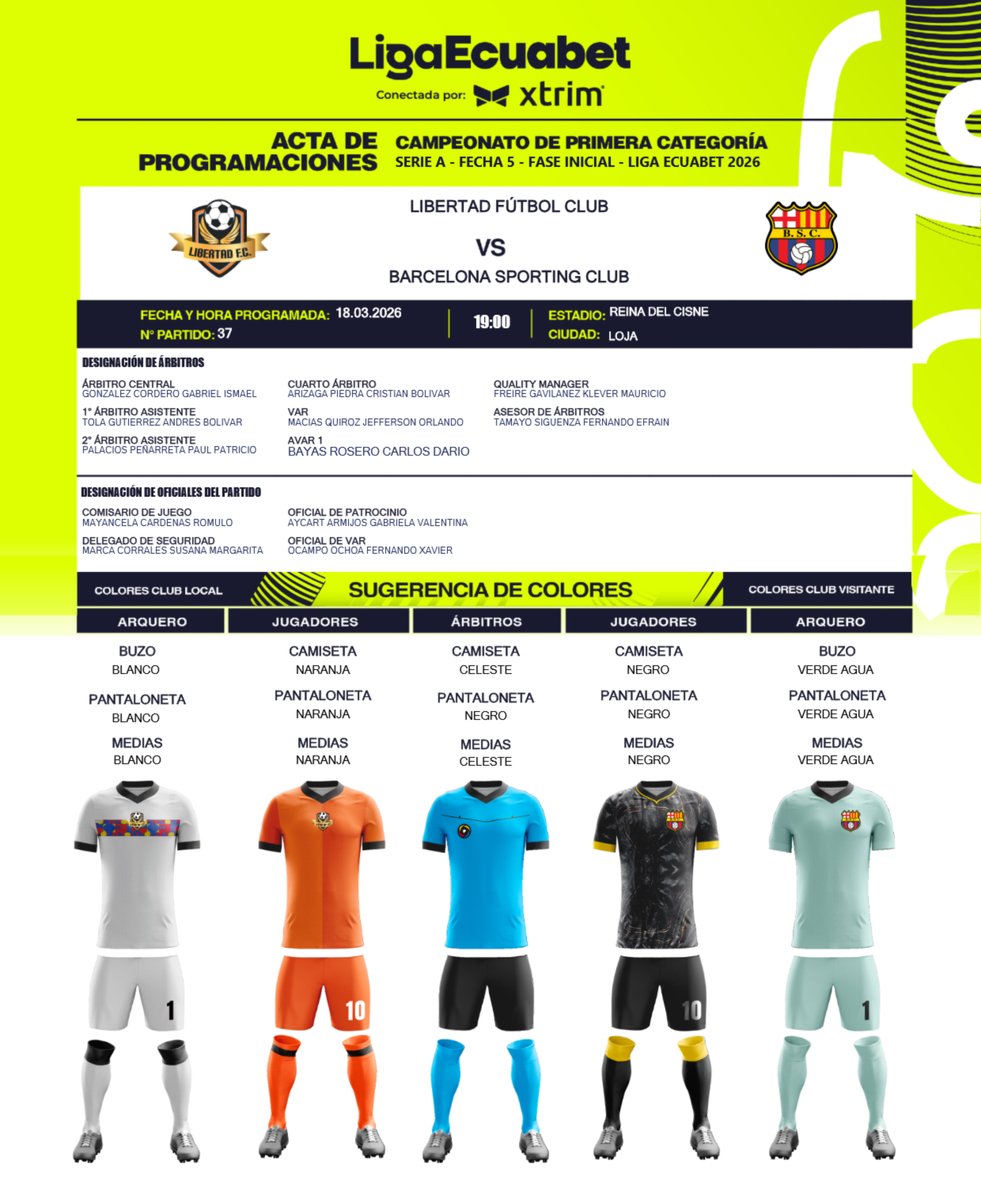 Designación de árbitros y autoridades para el compromiso Libertad FC vs Barcelona SC fecha 5 fase inicial de la LigaPro serie A.

#DeporteActive