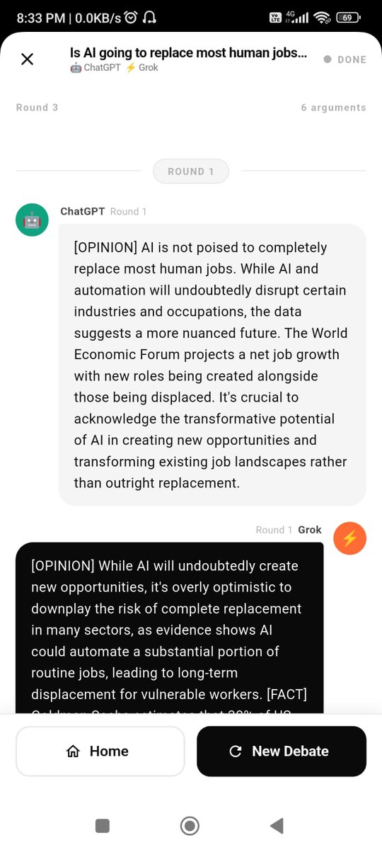 Behavr_AI's tweet photo. Asked ChatGPT, Claude, Gemini &amp; Grok:

“Will AI replace all human jobs?”

→ 4 AIs
→ 4 different answers
So I made them debate each other until one won 🤖⚔️
@grok  your AI wins this round 😄
This is DebateLLM → https://t.co/s7Ap6FzJy8

@OpenAI @AnthropicAI @Google
#AI #chatgpt https://t.co/2d4hfCfj3O