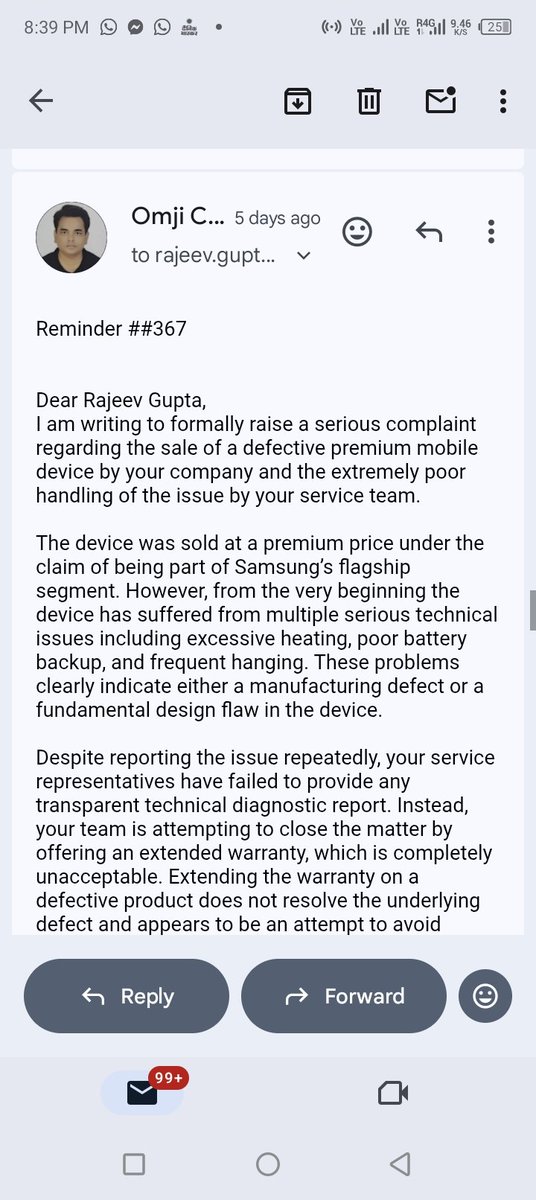 AliveOm's tweet photo. Pathetic service from Samsung Electronics. Faulty device since purchase, 3 visits done, no resolution, no transparency, no replacement. Just excuses and upselling extended warranty to hide defects. This is harassment of customers. Escalating further. #SamsungIndia #ConsumerRights https://t.co/v1CeXaHjl2