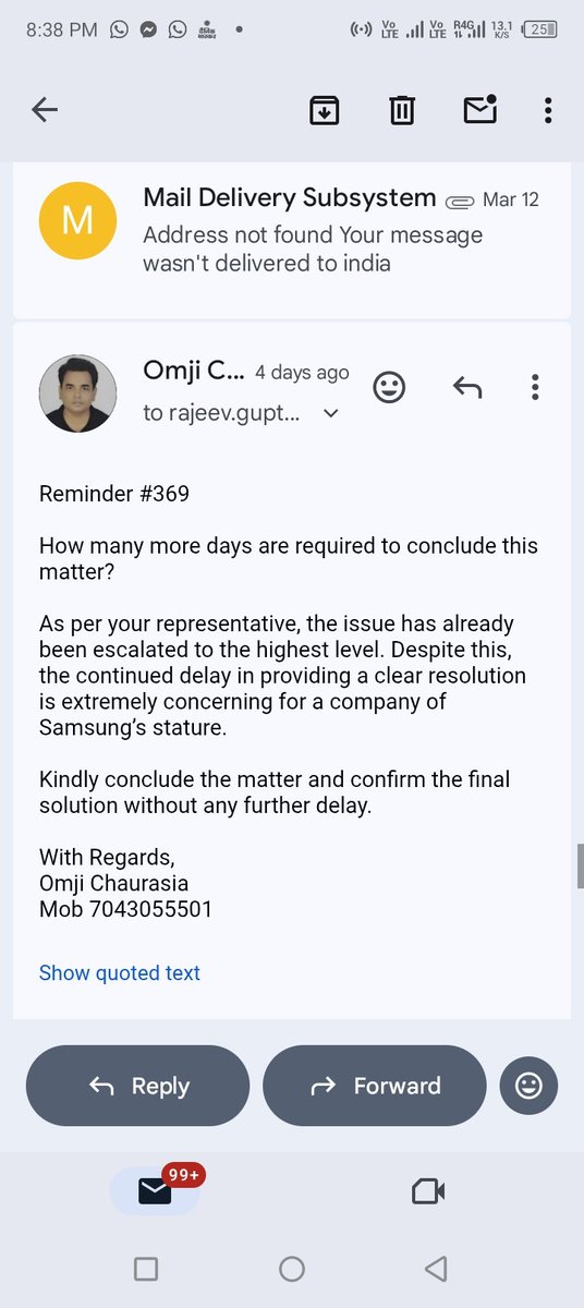 AliveOm's tweet photo. Pathetic service from Samsung Electronics. Faulty device since purchase, 3 visits done, no resolution, no transparency, no replacement. Just excuses and upselling extended warranty to hide defects. This is harassment of customers. Escalating further. #SamsungIndia #ConsumerRights https://t.co/v1CeXaHjl2