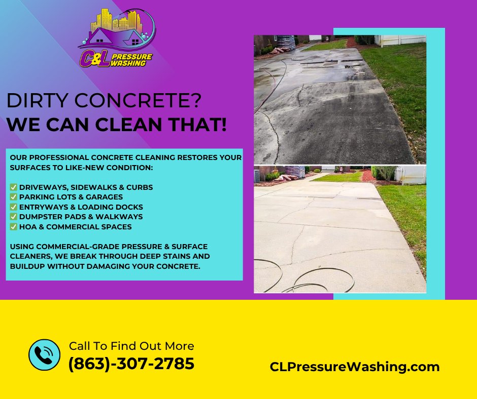 CLPressureWash1's tweet image. 🧼 Concrete Cleaning Made Simple

Dirty concrete brings everything down. A good clean brings it right back.

#ConcreteCleaning #PressureWashing #StayFresh #CurbAppeal #CentralFlorida