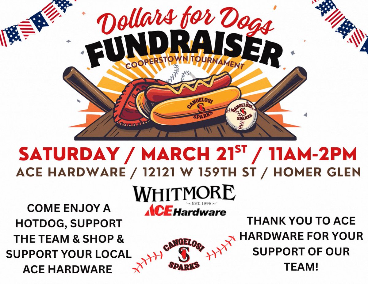 WillCookAce's tweet photo. ⚾Save the Date!⚾

Join us Saturday, March 21st from 11–2 for a Dollar for Dogs fundraiser supporting the Cook Sparks 12U team on their journey to Cooperstown.
Come out, grab a hot dog, and help these athletes reach their goal. We love lifting up our communities, and your... https://t.co/EmUckrRhpz