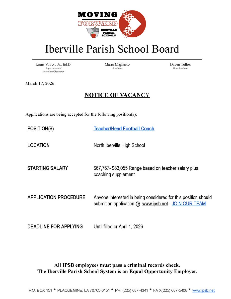 IbervilleSchool's tweet photo. IPSB is currently looking for a Teacher/Head Football Coach. Anyone interested in being considered for this position should submit an application online at: https://t.co/fUrWl251Tx.

Click the link below for more information!
https://t.co/Bu9gUf501K https://t.co/9HjF7ohJAS