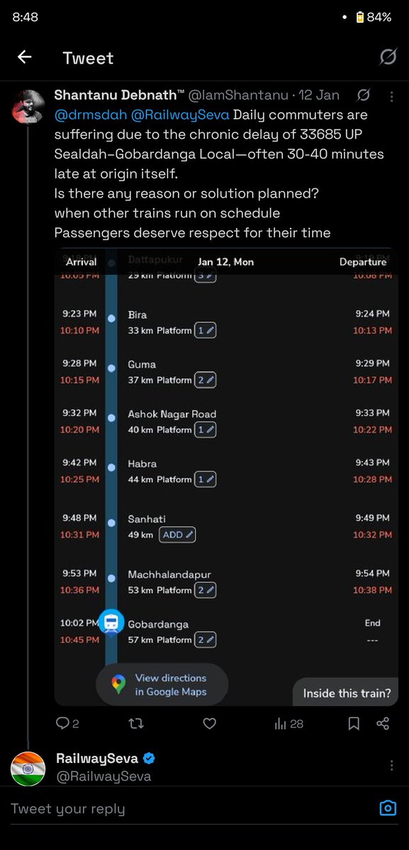 lamShantanu's tweet photo. @drmsdah @RailwaySeva i have complained this before i am complaining this issue again and again. Why is 33685 up sealdah-gobordanga  08.23pm has no proper time to departure? Everyday it's late from it's time. It's 8.51pm now. https://t.co/Lm8skVuxY5