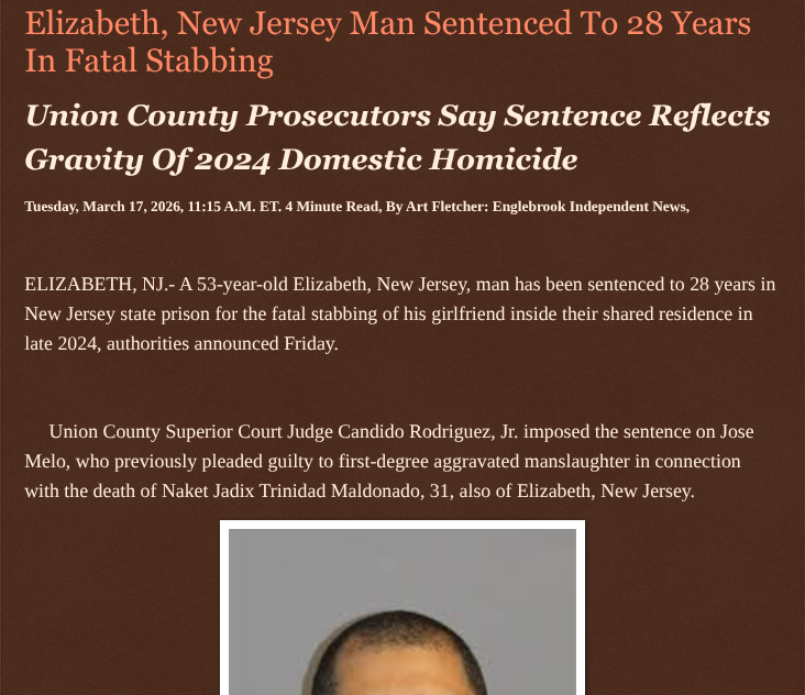 ArtFletcher9's tweet photo. Elizabeth, New Jersey Man Sentenced To 28 Years In Fatal Stabbing https://t.co/AKaAozcO5u via @Englebrooknews #NewJersey #CrimeNews #UnionCountyNJ #ElizabethNJ #domesticviolence #fatal #stabbing #StatePrison #boyfriend #Girlfriend @wireless_step @HRG_Media @LodiNJNews @Fordmb1953 @SarahGeving1 @Shannon96574094 @janninereid1 @gator4kb18 @MichelleF_35 @TrumpWasRite2 @KathyKbrose @RobGerundo @JimBobW49