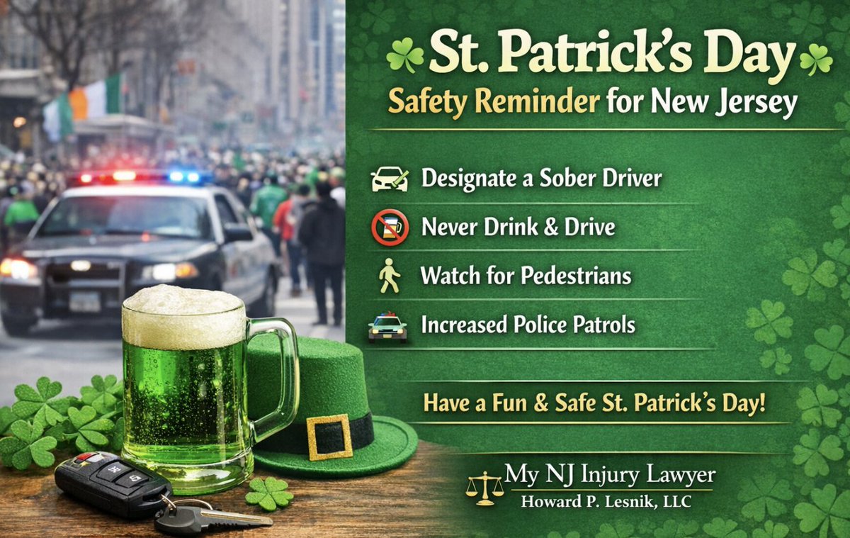 lesniklaw's tweet photo. 🍀 Happy St. Patrick’s Day! 🍀
Wishing everyone a fun, festive, and—most importantly—safe St. Patrick’s Day. Whether you’re enjoying a parade, gathering with friends, or wearing your best green, please celebrate responsibly.
🚗 If you’re going out, plan a safe ride home
🍻 Never drink and drive
👀 Stay alert for pedestrians and crowded streets
Let’s keep the luck of the Irish on your side all day long. Have a wonderful and safe celebration! 💚
— My NJ Injury Lawyer Howard P. Lesnik, LLC