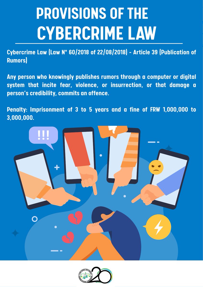 LegalAid_Rwanda's tweet photo. Did you know?
Freedom of expression in Rwanda is guaranteed by law, but it is not absolute.   Sharing false or misleading information, especially online, can be a criminal offence.
Cybercrime and Penal Code laws punish spreading rumours, misinformation, or harmful propaganda.
Penalties include imprisonment from 1 year up to life, and fines of up to millions of Rwandan francs.
Media professionals and the public are urged to exercise their right to expression responsibly.
