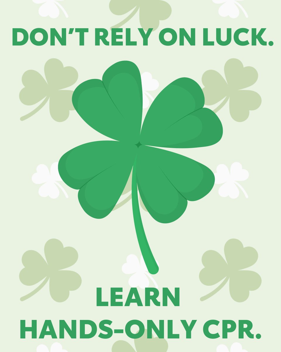 AHANewJersey's tweet photo. Don’t rely on luck that someone else will know what to do in a cardiac emergency. Sudden cardiac arrest can happen anywhere, to anyone. Learning Hands-Only CPR takes just minutes, and it could help you save a life.  Education and preparation are more reliable than luck.🍀❤️ https://t.co/AFy25m3jJR