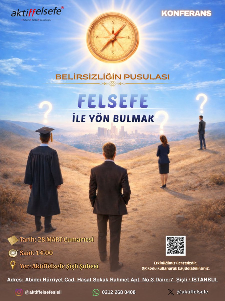 aktiffelsefe's tweet photo. “Belirsizliğin Pusulası: Felsefe ile Yön Bulmak”

Yaşam bazen cevapları bulmaktan çok, sorularla kalma çağrısında bulunur. İnsan ise bu çağrıyı çoğu zaman “belirsizlik” olarak tanımlar ve tüm enerjisini onunla başa çıkmaya harcar. https://t.co/lktR8Npthd
