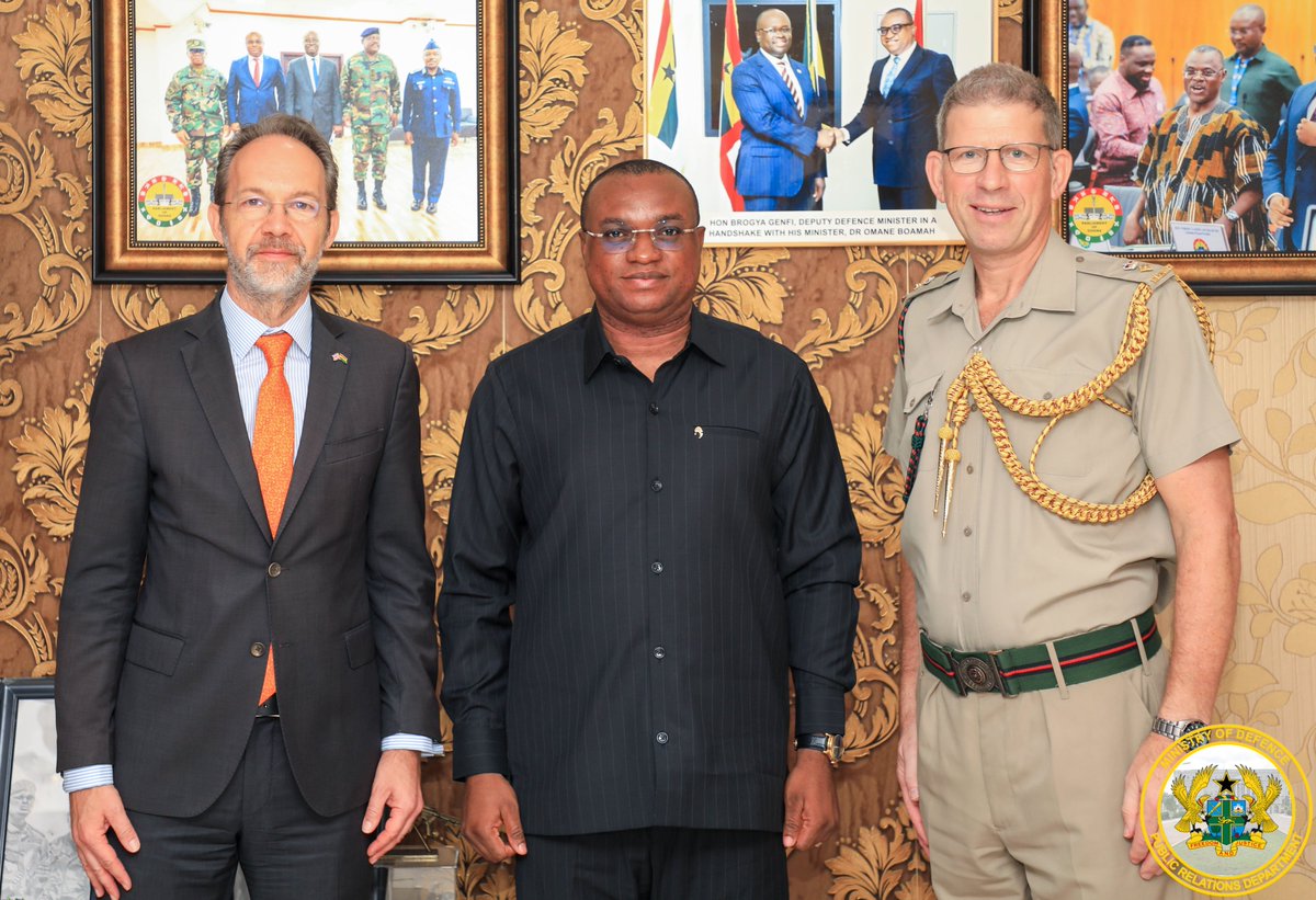 modghana's tweet photo. The British High Commissioner to Ghana, HE Christian Rogg, accompanied by his Defence Advisor, Lt Col Nick Wood, paid a courtesy call on the Deputy Minister for Defence, Hon Ernest Brogya Genfi, at The Square. https://t.co/tBMsztSD9D