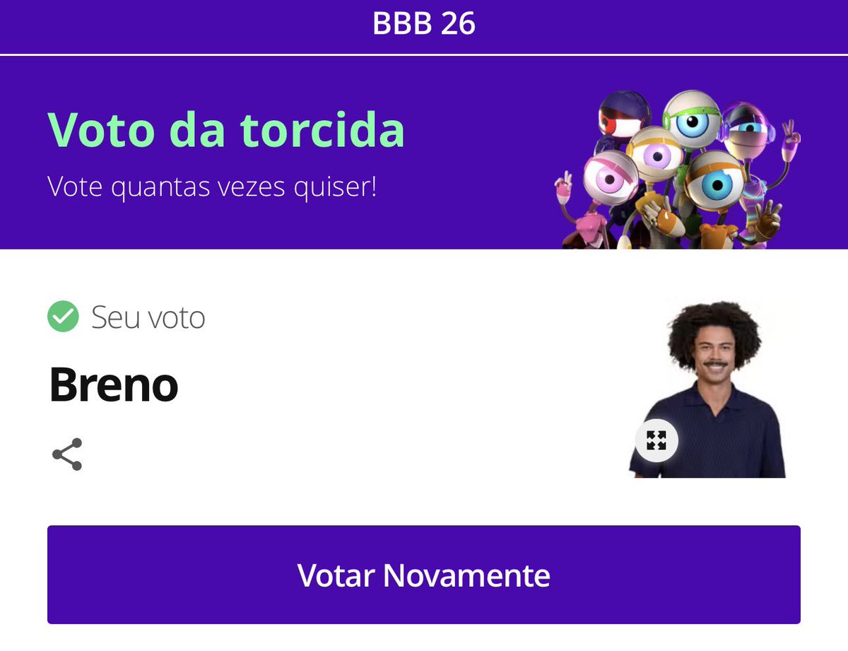 A cada retuíte aqui darei mais 20 votos no #ForaBreno #BBB26