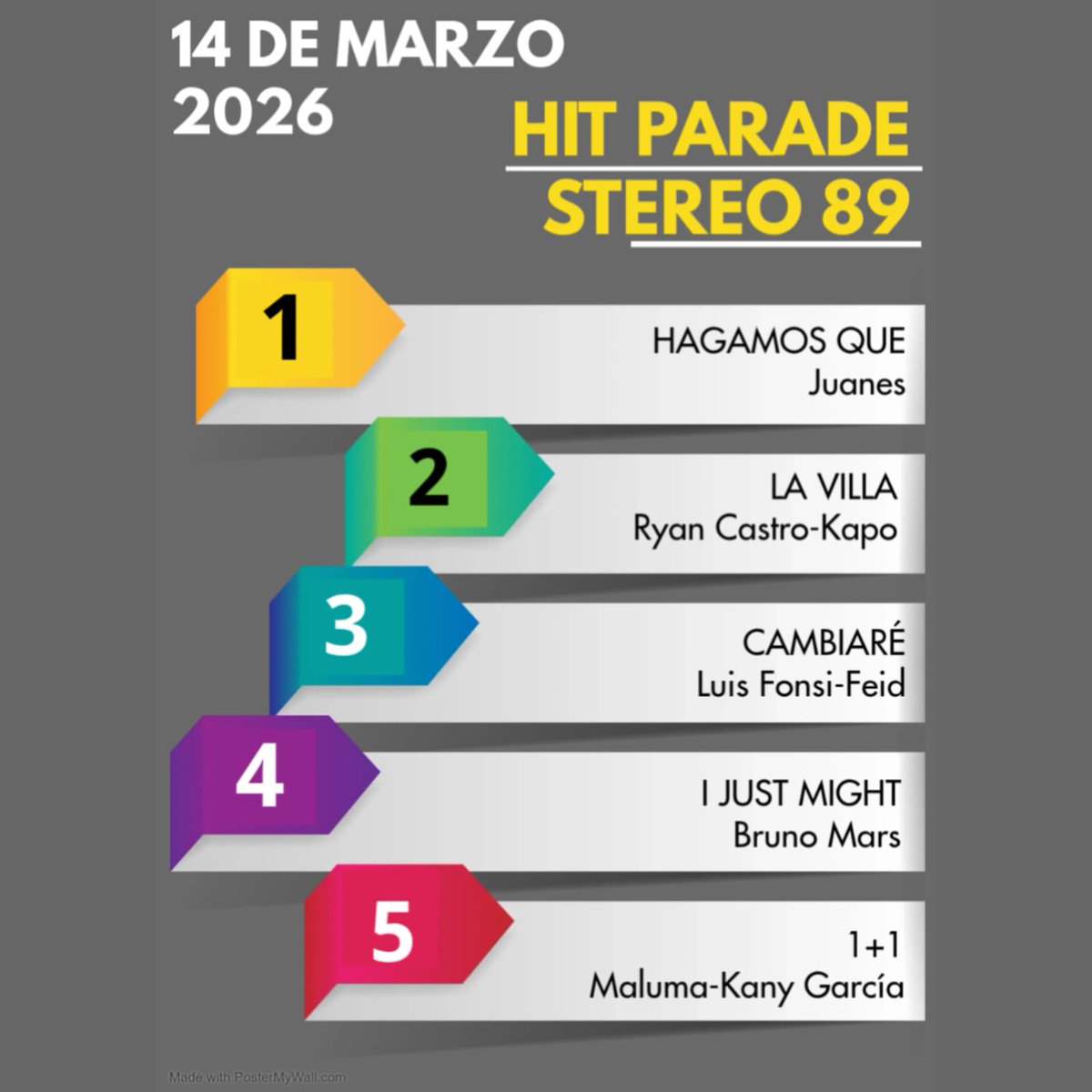 ¡HIT PARADE DE STEREO 89! 🔝 El cantante colombiano Juanes sube a la Posición N1 con el tema "Hagamos que". 🎤🎶🎵