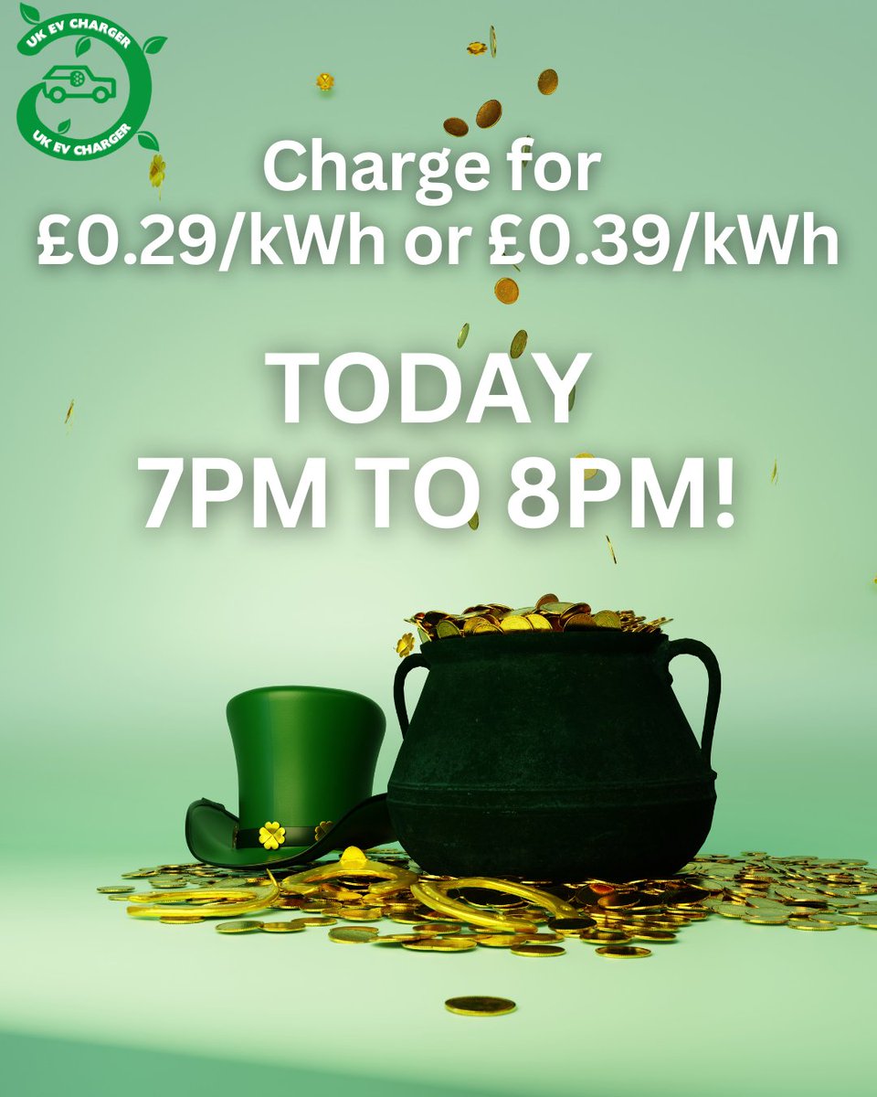 UKEVCHARGER_'s tweet photo. 🍀 Happy St Patrick’s Day! 🍀

Feeling lucky? Charge for less this evening ⚡
📍Bourges View, from 29p/kWh
📍Pentre Awel & Hampton, from 39p/kWh

7pm to 8pm! 

Ultra Rapid charging at some of the lowest public rates around 👀

Join now to unlock for this amazing subscriber pricing:
 👉 https://t.co/d7KmE14nNg

#StPatricksDay #EVCharging #ElectricVehicle #FlashSale #UKEVCHARGER #Peterborough #pentreawel
