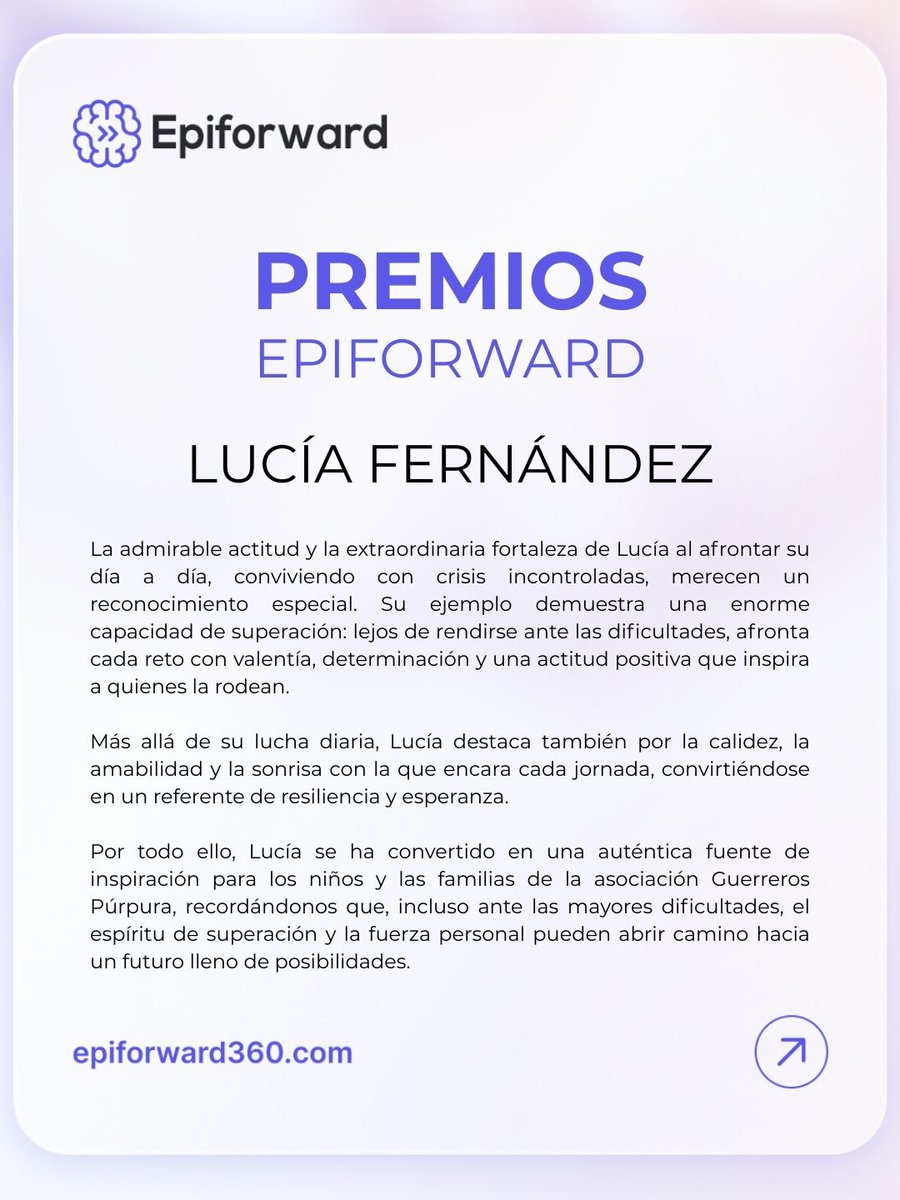fedeepilepsia's tweet photo. 🏆 𝗣𝗿𝗲𝗺𝗶𝗼𝘀 𝗘𝗽𝗶𝗳𝗼𝗿𝘄𝗮𝗿𝗱
👤 Categoría Personalidad
💜 Premio Paciente Empoderado
👏 Ganadora: Lucía Fernández
Un reconocimiento a su fortaleza, resiliencia y capacidad de inspiración.
#Epilepsia #Epiforward #PacienteEmpoderado #FEDEEpilepsia https://t.co/YyYjngLN6I