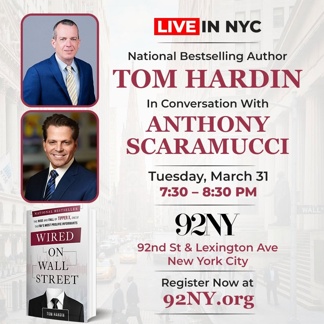 Scaramucci's tweet photo. Excited to discuss Tom Hardin's new book "Wired on Wall Street" at the famous @92ndStreetY on Tuesday, March 31st. https://t.co/AZiXyriU6o