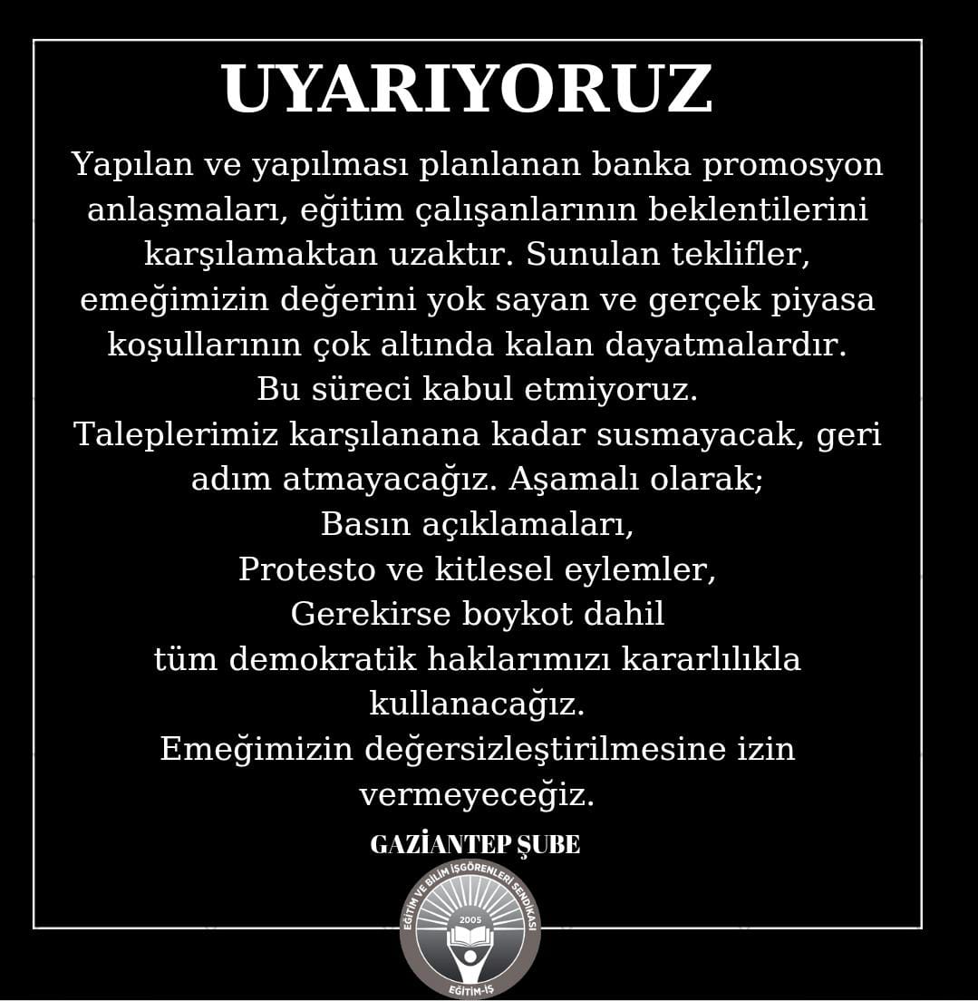 egitimis27's tweet photo. ❗UYARIYORUZ ❗
Yapılan ve yapılması planlanan banka promosyon anlaşmaları, eğitim çalışanlarının beklentilerini
karşılamaktan uzaktır. Sunulan teklifler,emeğimizin değerini yok sayan ve gerçek piyasa koşullarının çok altında kalan dayatmalardır.
Bu süreci kabul etmiyoruz.
Taleplerimiz karşılanana kadar susmayacak, geri adım atmayacağız. Aşamalı olarak;
Basın açıklamaları,
Protesto ve kitlesel eylemler,
Gerekirse boykot dahil tüm demokratik haklarımızı kararlılıkla kullanacağız.
Emeğimizin değersizleştirilmesine izin
vermeyecegiz. 
@ArpatAli
