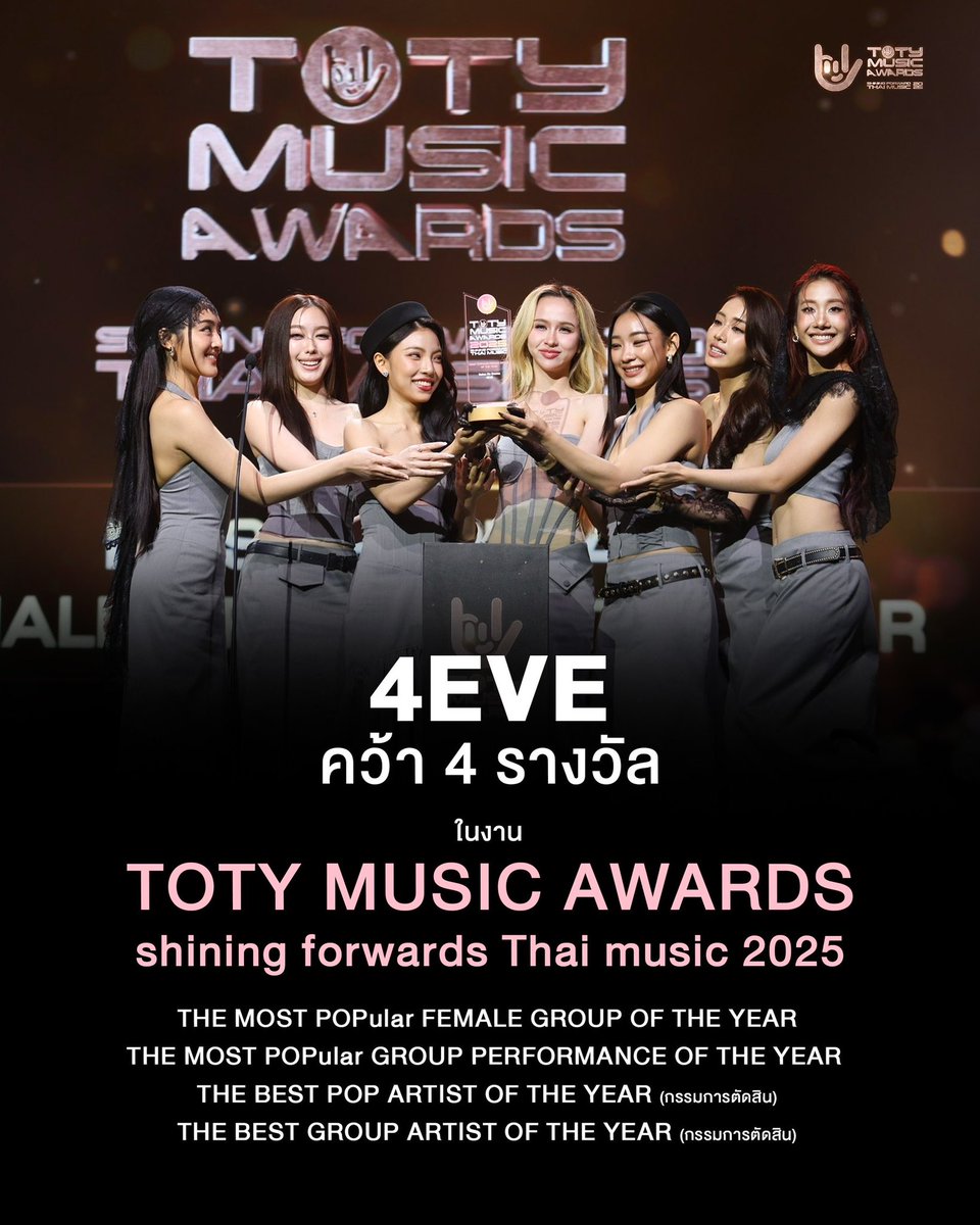 4EVE คว้า 4 รางวัลในงาน 
TOTY MUSIC AWARDS - shining forwards Thai music 2025 

🏆THE MOST POPular FEMALE GROUP OF THE YEAR
🏆THE MOST POPular GROUP PERFORMANCE OF THE YEAR 
🏆THE BEST POP ARTIST OF THE YEAR (กรรมการตัดสิน)
🏆THE BEST GROUP ARTIST OF THE YEAR (กรรมการตัดสิน)