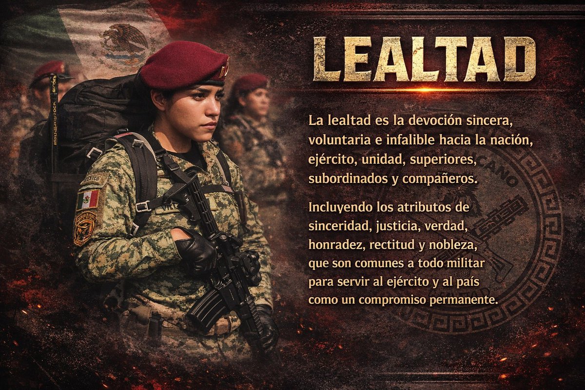 EJTO_FAM_GN's tweet photo. "Lealtad"
#ValoresMilitares
@Defensamx1 
La lealtad es fundamental en todos los ejércitos, desde hace años en toda la historia la #Lealtad, es vista como un compromiso infalible hacia su nación. 
#Espiritudecuerpo
#abnegacion 
#Igualdad
#GraciasHéroesMexicanos https://t.co/yzGobocdHY