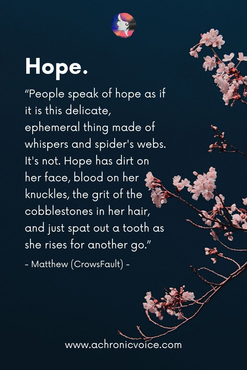 AChVoice's tweet image. This #quote gives me..hope 😉 Almost makes me weep because it is so powerful. #Hope is one of the most #resilient things in the world, especially when it comes from a place of #love, whether for someone else, or for yourself. buff.ly/ey0OuDB

#MentalHealth #Inspiration