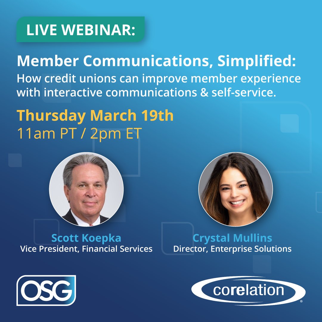 ⏰ Don’t miss our live webinar!

📣 Member Communications, Simplified
Boost CX with interactive, self-service tools for credit unions

📅 Mar 19 | 11am PT / 2pm ET
🎤 Scott Koepka &amp; Crystal Mullins + Corelation

🔗 event.on24.com/wcc/r/5249161/…

#CreditUnions #MemberExperience #FinTech