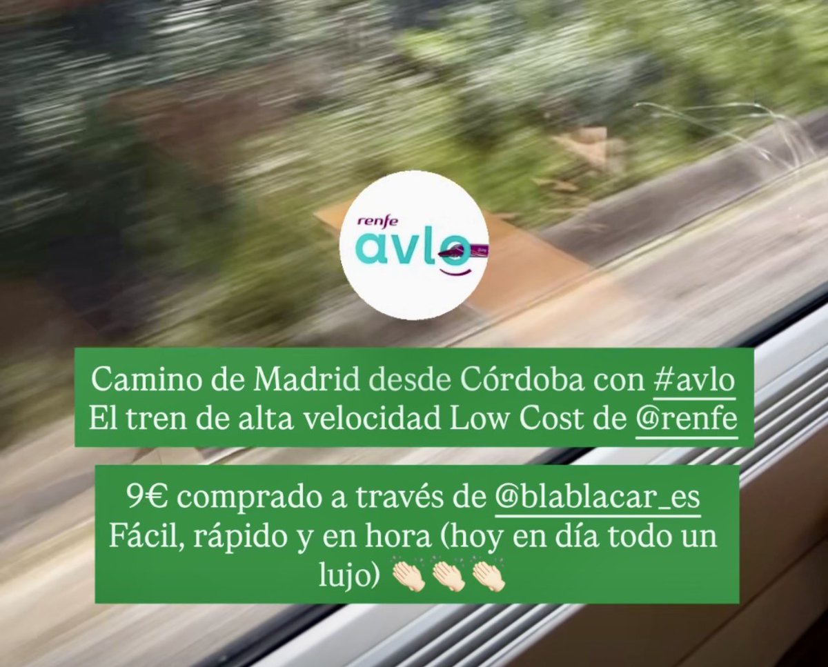 zampatelmundo's tweet image. 🚆 Avlo, low cost de @Renfe Comprado a través de @BlaBlaCar 
Córdoba-Madrid rápido y sin incidencias ni retrasos 👏🏻👏🏻👏🏻 9€ 💪🏻

#Viajar