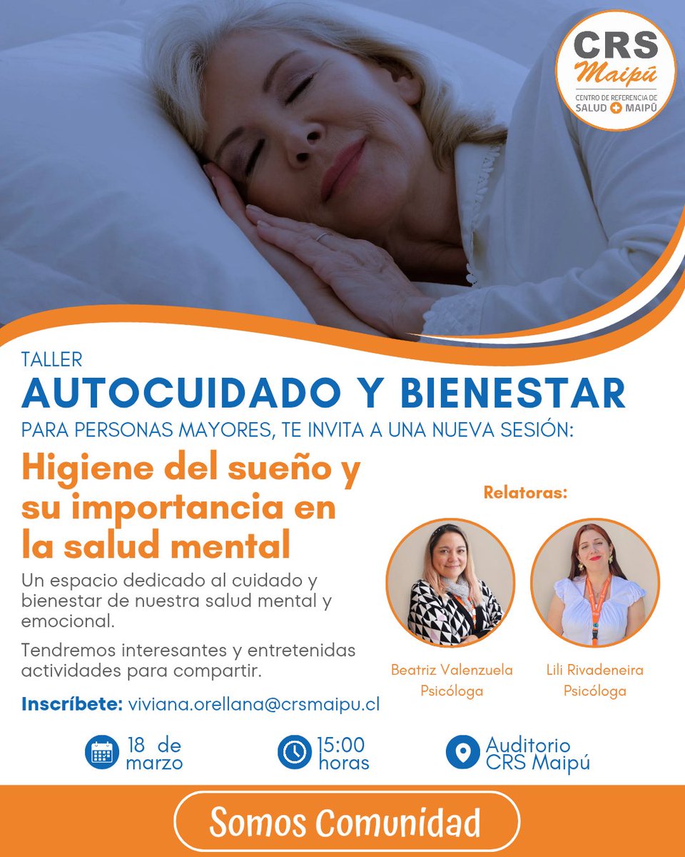 #ComunidadCRSMaipú 😴Cuidar la calidad de nuestro sueño puede marcar una gran diferencia en nuestro día. 
✅Descubre qué es la higiene del sueño junto Beatriz Valenzuela y Lili Rivadeneira, psicólogas de nuestra Centro, en esta nueva sesión del Taller de Autocuidado y Bienestar.
