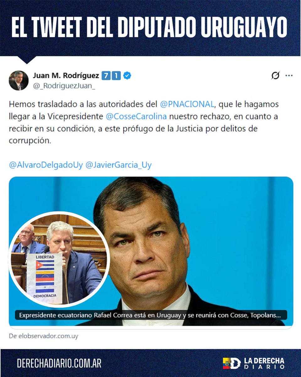 DerechaDiarioEC's tweet photo. 🚨🇪🇨🇺🇾 | LO REPUDIAN: El prófugo comunista Rafael Correa provocó indignación al llegar a Uruguay para reunirse con el partido de izquierda Frente Amplio y la vicepresidente Carolina Cosse.

El diputado Juan Martín Rodríguez advirtió: "Hemos solicitado al Partido Nacional que le trasladen a la vicepresidenta nuestro rechazo a recibir a este prófugo de la Justicia por delitos de corrupción."