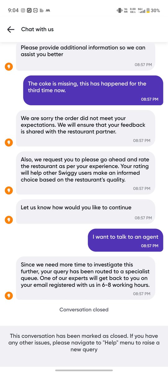 Datguy19699's tweet photo. @Swiggy even though clearly items were missing from my order. Even the delivery executive called customer care from his side. This is the response I got.
Do you think customers are idiots? https://t.co/nMcrheiVTr