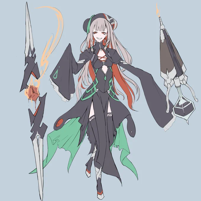 #デルタウォリアーズ #創作 敵ボスデザイン案その1・魔女 どのキャラも近接武器と射撃武器を装備するということで、魔剣とアナクロ火炎放射器を設定 意外と表情豊かなのかもしれない