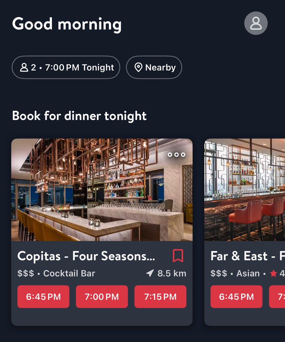 Good UX Eg. (ft. Open Table)

Based on the context above ‘7:00pm’ and Nearby, this restaurant booking app shows restaurants with slots that are relevant to my need.

These time slots upfront takes user directly to checkout which is designed to increase conversions.

#uxuibytes