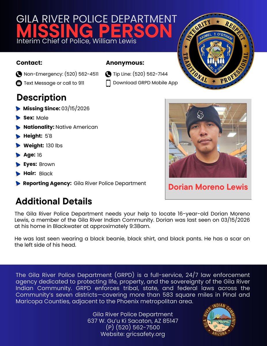 KatKatButterfly's tweet image. #MISSINGINDIGENOUS TEEN 
Blackwater, Arizona 

Gila River PD- Missing Persons is seeking help locating 16-year-old #DorianMorenoLewis.

Last seen around 9:38AM at his home in Blackwater, Arizona on 03/15/26.

Member of the Gila River Indian Community.