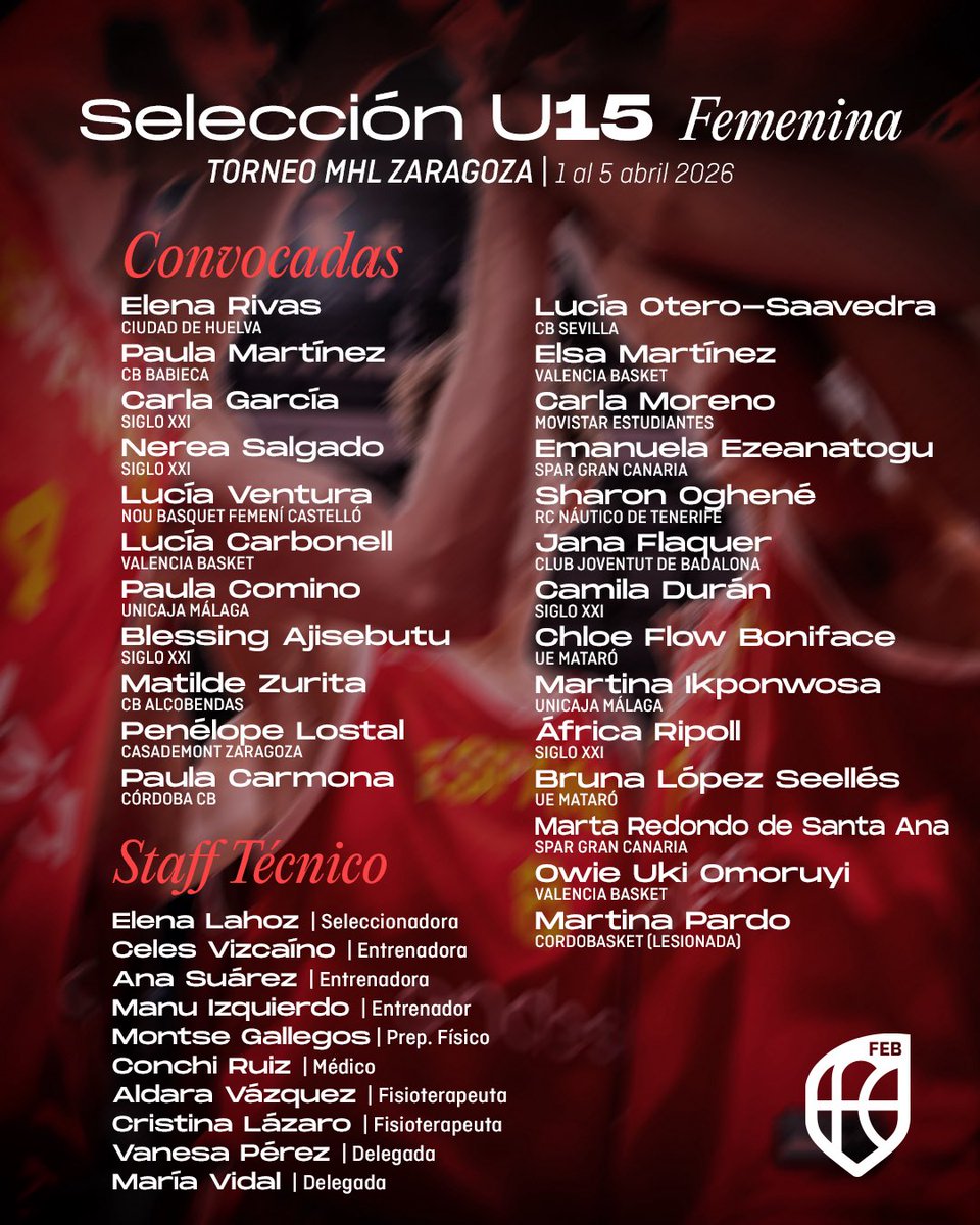 🤩 ¡Nuestra Lucía Otero vuelve a ser convocada con la <a href="/BaloncestoESP/">Baloncesto España</a> U15!

🔜 Disputará el Torneo MHL Zaragoza del 1 al 5 de abril. 

❤️ ¡Felicidades, Lucía! ¡Seguimos creciendo! 

#TodasJuntas