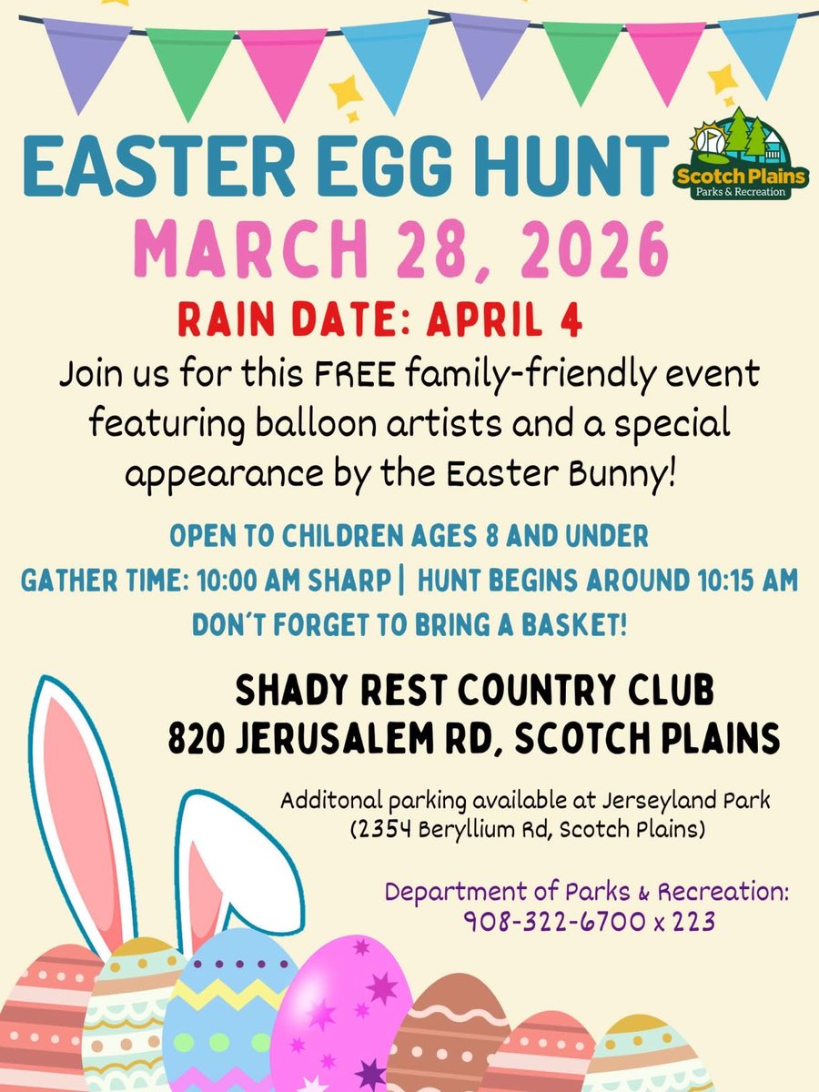 scotchplainstwp's tweet photo. Join the Township of Scotch Plains for the annual Easter Egg Hunt on Saturday, March 28 at Shady Rest Country Club! 

Gather time is 10 a.m. sharp - activities start at 10:15 a.m. for children ages 8 and under.

Don't forget to bring a basket! https://t.co/wHveuztPVT